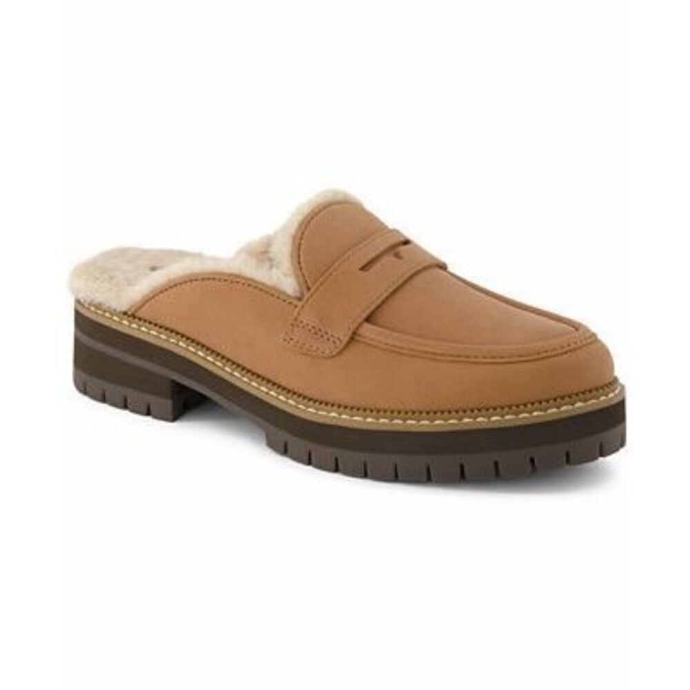 NIB TOMS Women's Cara Cozy Fur Lined Lug Sole Tan Suede Loafer Mule size 8.5